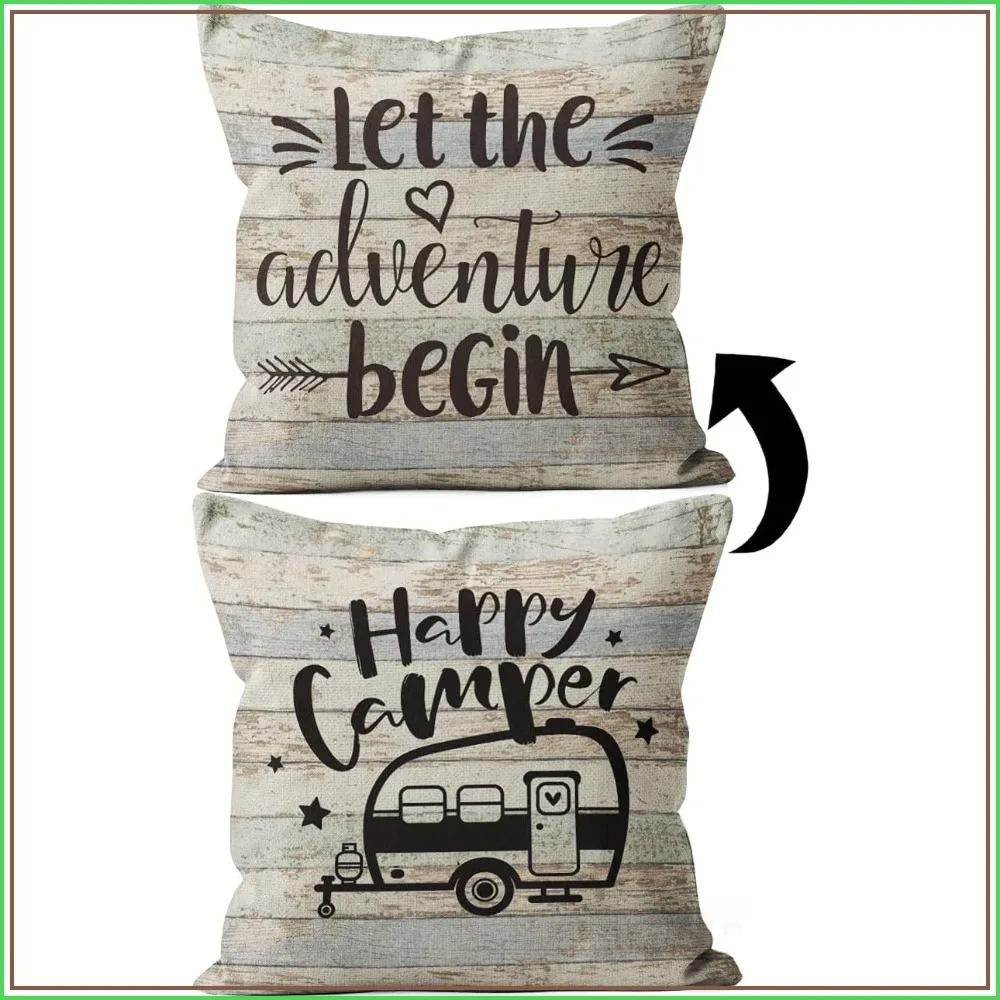 Two-Sided Linen Pillow Cover 18x18, Happy Camper Decor for RV & Home, Hidden Zipper