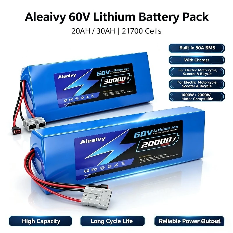 Aleaivy 60V 20AH 30AH 21700 Lithium Battery Pack With 50A BMS Charger For Electric Motorcycle Scooter Bicycle 1000W 2000W Motor