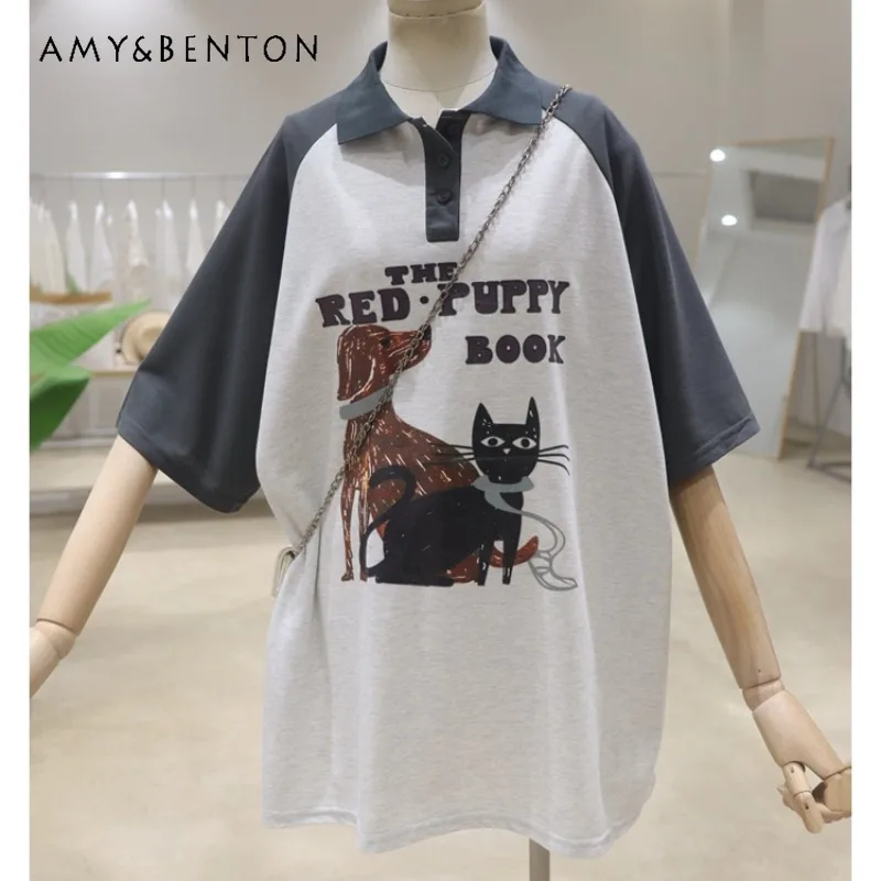 New Raglan Sleeve Cartoon Cat Printed T-shirt 2024 Summer Versatile Loose Mid-Length Short-Sleeve Polo Shirt For Women's Clothes