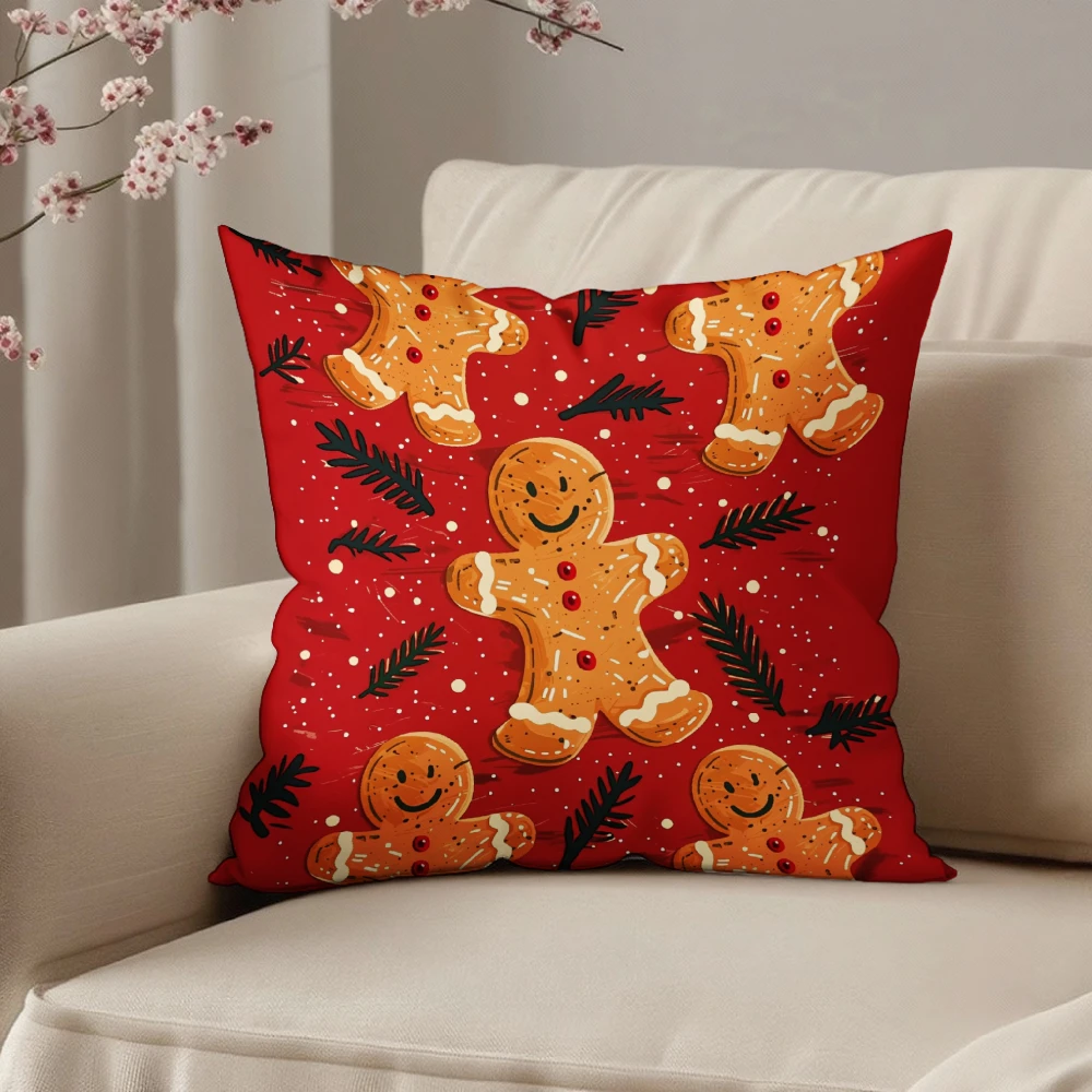 Square Throw Pillow Case Red Gingerbread Man And Pine Needle Print For Christmas Home Sofa Chair Decoration