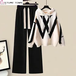 Oversized Women's Winter Set 2023 New Small Fragrant Wind Covering Sweater with Slim Waist and Wide Leg Pants Two Piece Set