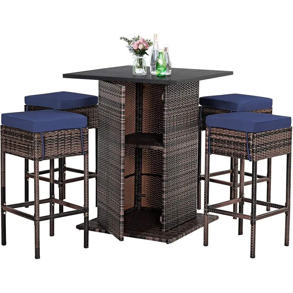 

Синий уличный барный комплект из ротанга с мягкими стульями и столом для хранения для патио, зоны у бассейна или заднего двора