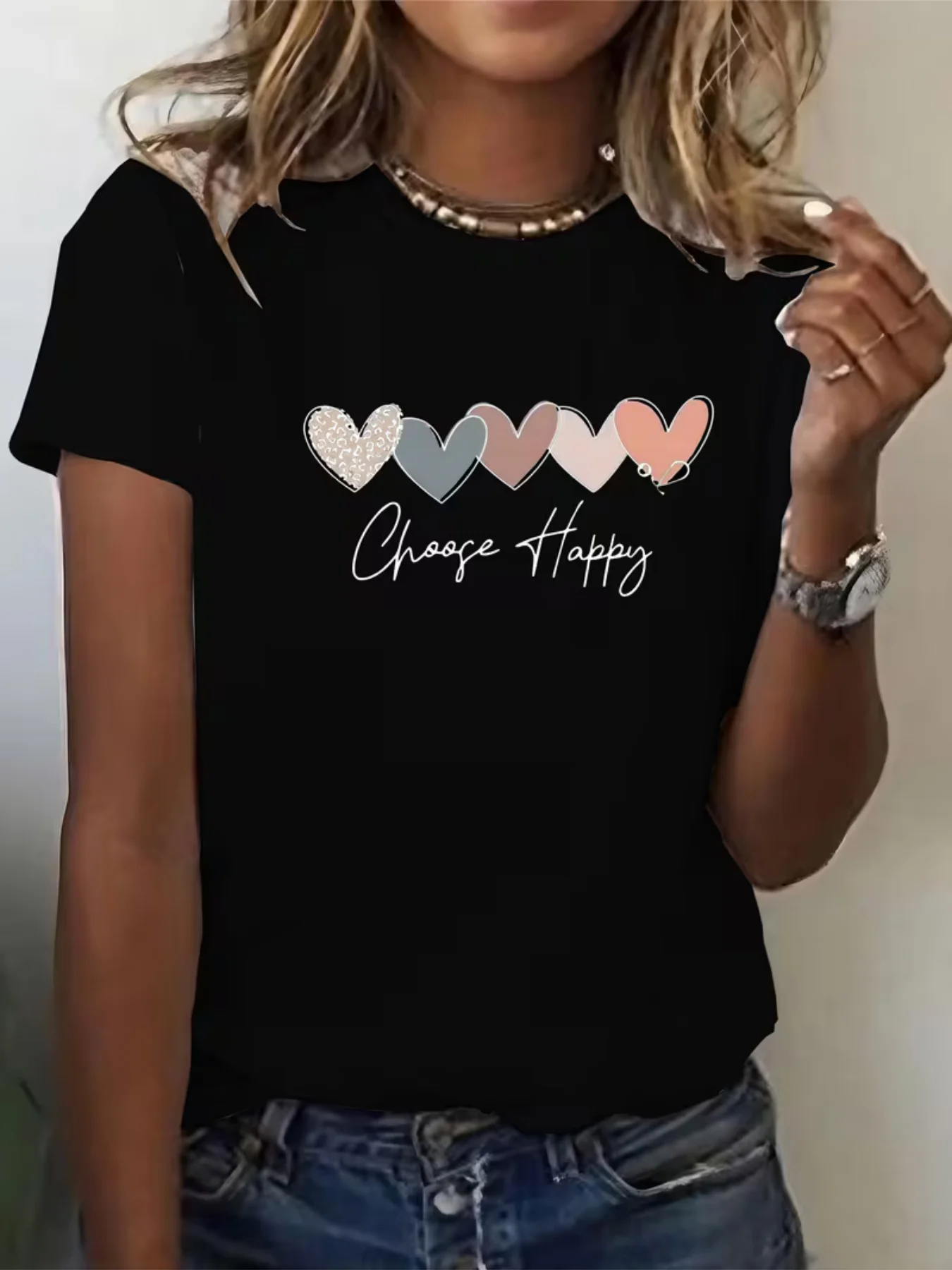 Women Choose Happy Pastel Leopard Heart Print T Shirt Casual Crew Neck Polyester Short Sleeve Inspirational Positive Graphic Top