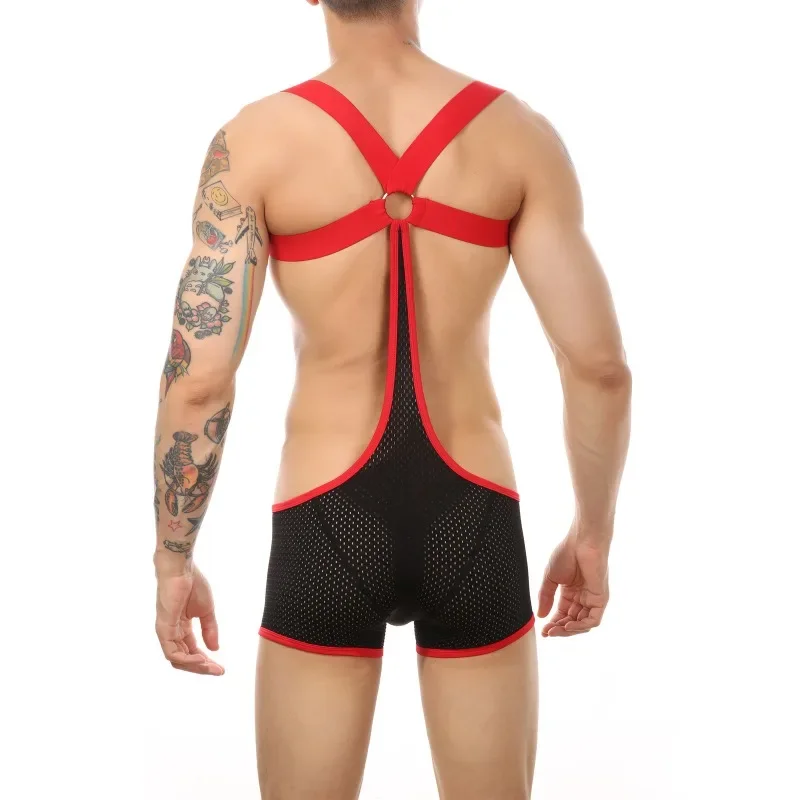 2025Fashion men's muscle chest strap one-piece breathable mesh boxers European and American fitness straps onesie CMF226