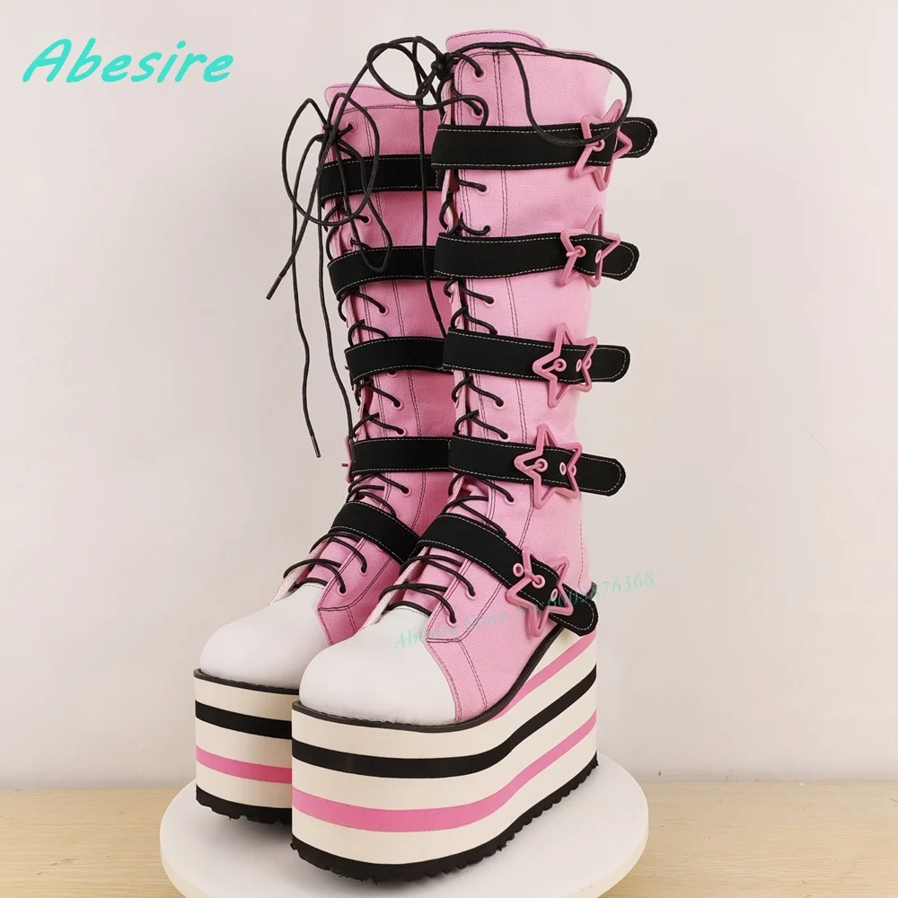 

Star-Shaped Belt Buckle Knee High Boots Round Toe Platform Mixed Colors Women's Boots Cute Punk Zipper Patchwork Wedges Shoes