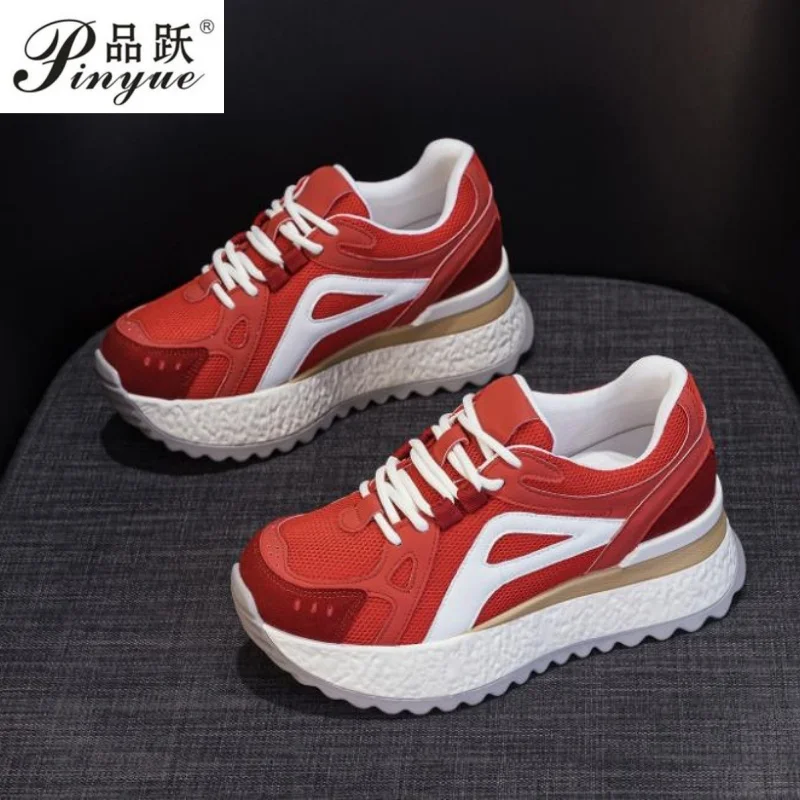 

Женская повседневная обувь 7 см, кроссовки на высоком массивном каблуке, удобная прогулочная обувь из натуральной кожи, вулканизированная обувь 33-40