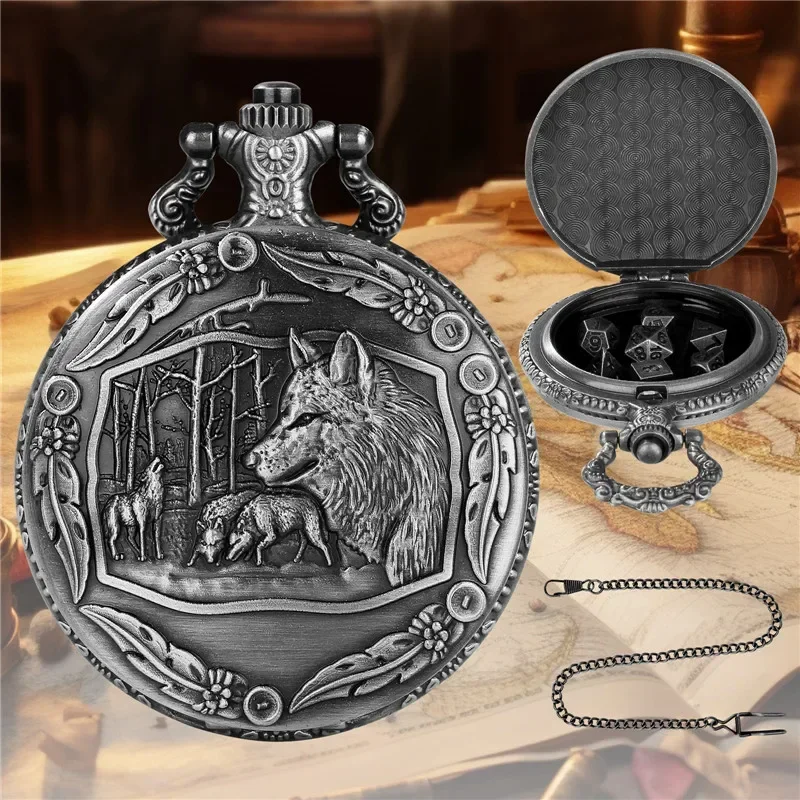 

Antique Carved Wolf Pocket Watch Case with Pendant Chain 7pcs/set Metal Dice Role Play Entertainment Gaming Dices
