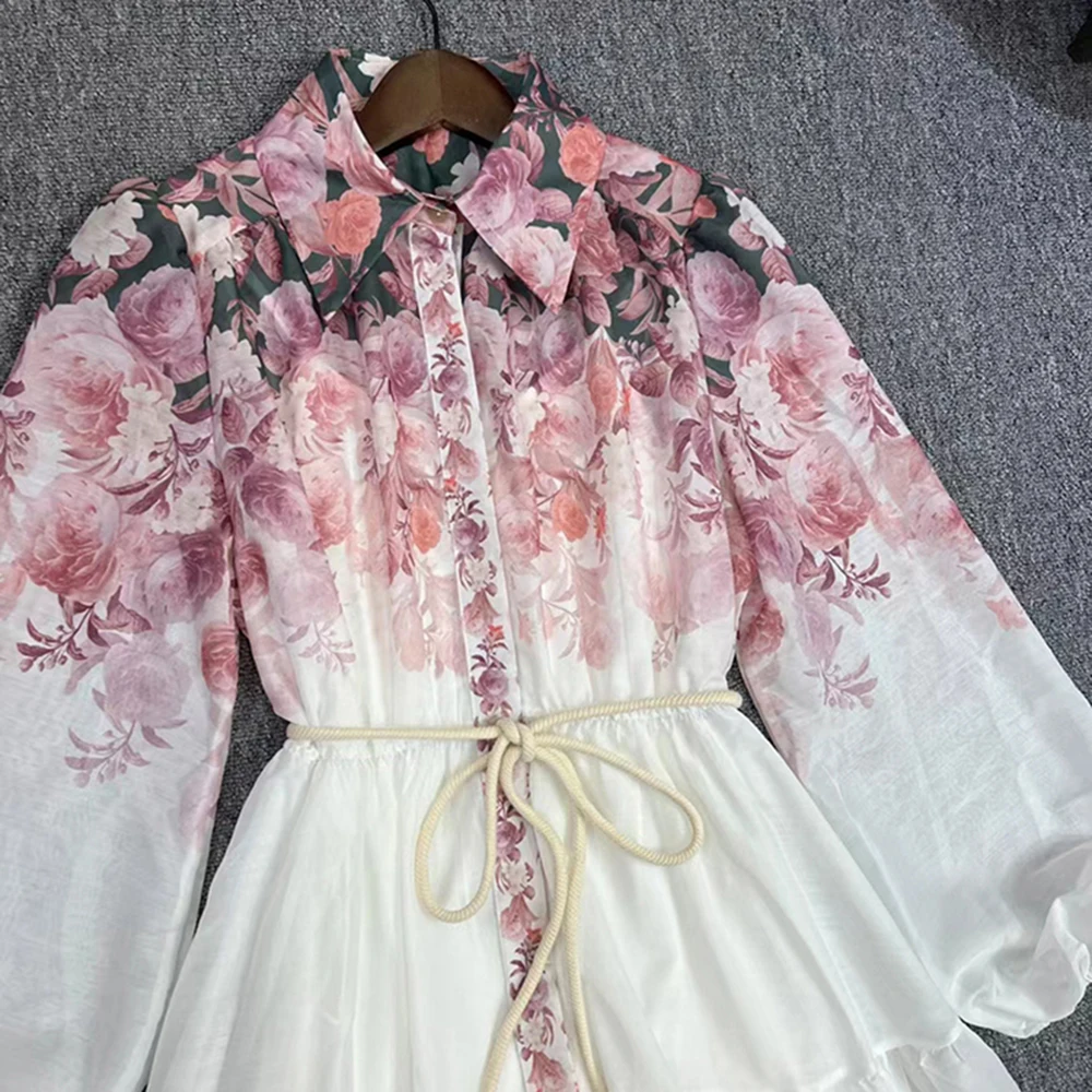 VGH Floral Printing Long Dresses For Women Lapel Lantern Sleeve High Waist Spliced Lace Up Elegant Dress Female Fashion Style