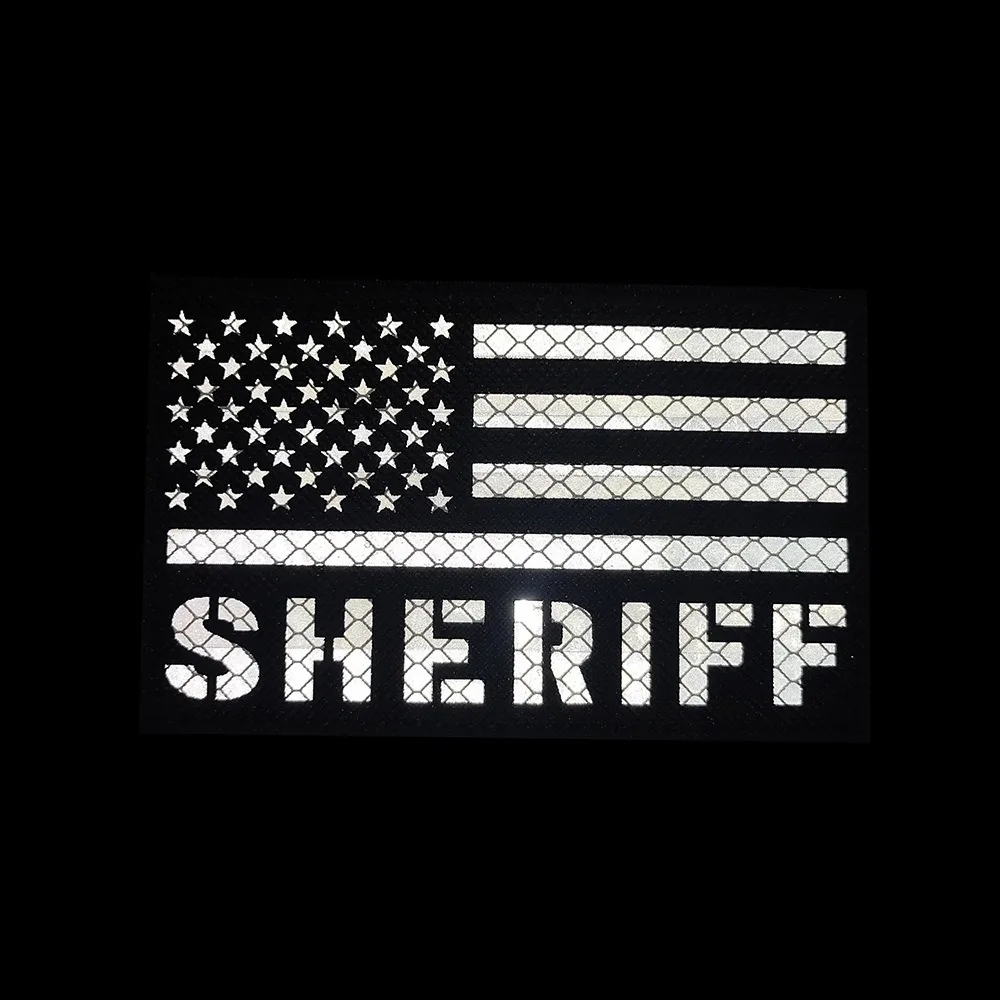 New Design 5X3inchy English Letters SHERIFF American Flag Reflective Armband Black and White Laser Cut Morale Backpack Patch