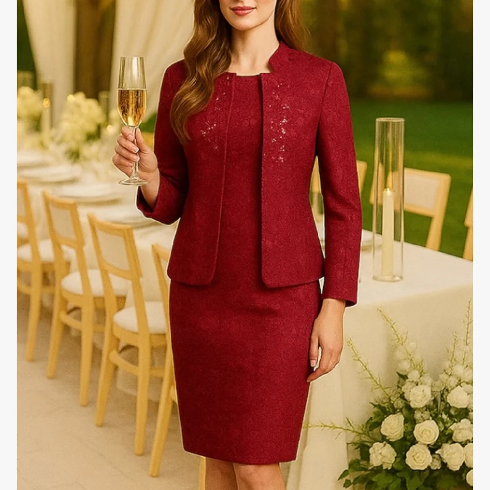 

Customized 2 Pieces Elegant Red Mother of the Bride Dresses O-Neck Knee-Length Mermaid Wedding Guest Party Groom Dress 2026