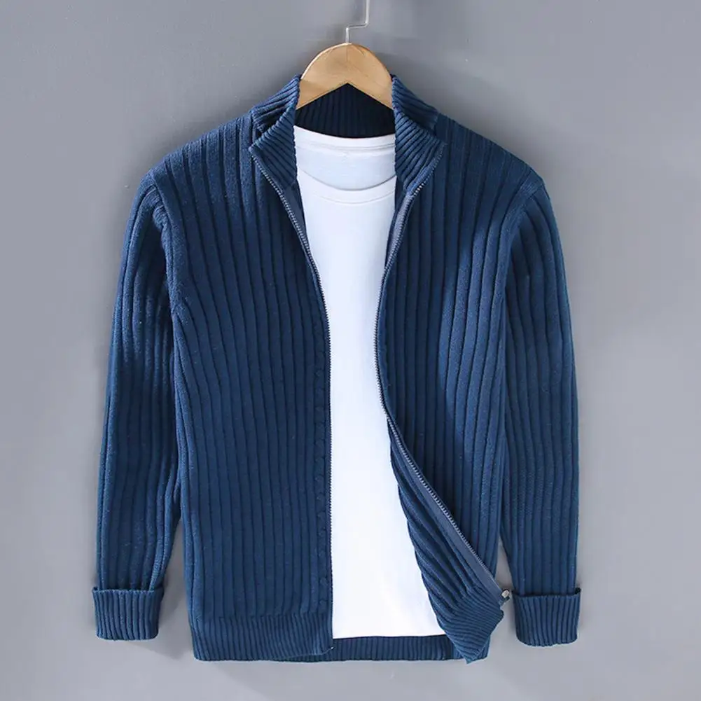 

Men Cardigan Men's Fall Winter Knit Cardigan with Zipper Closure Stand Collar Thick Elastic Loose Fit Striped Texture for Wear