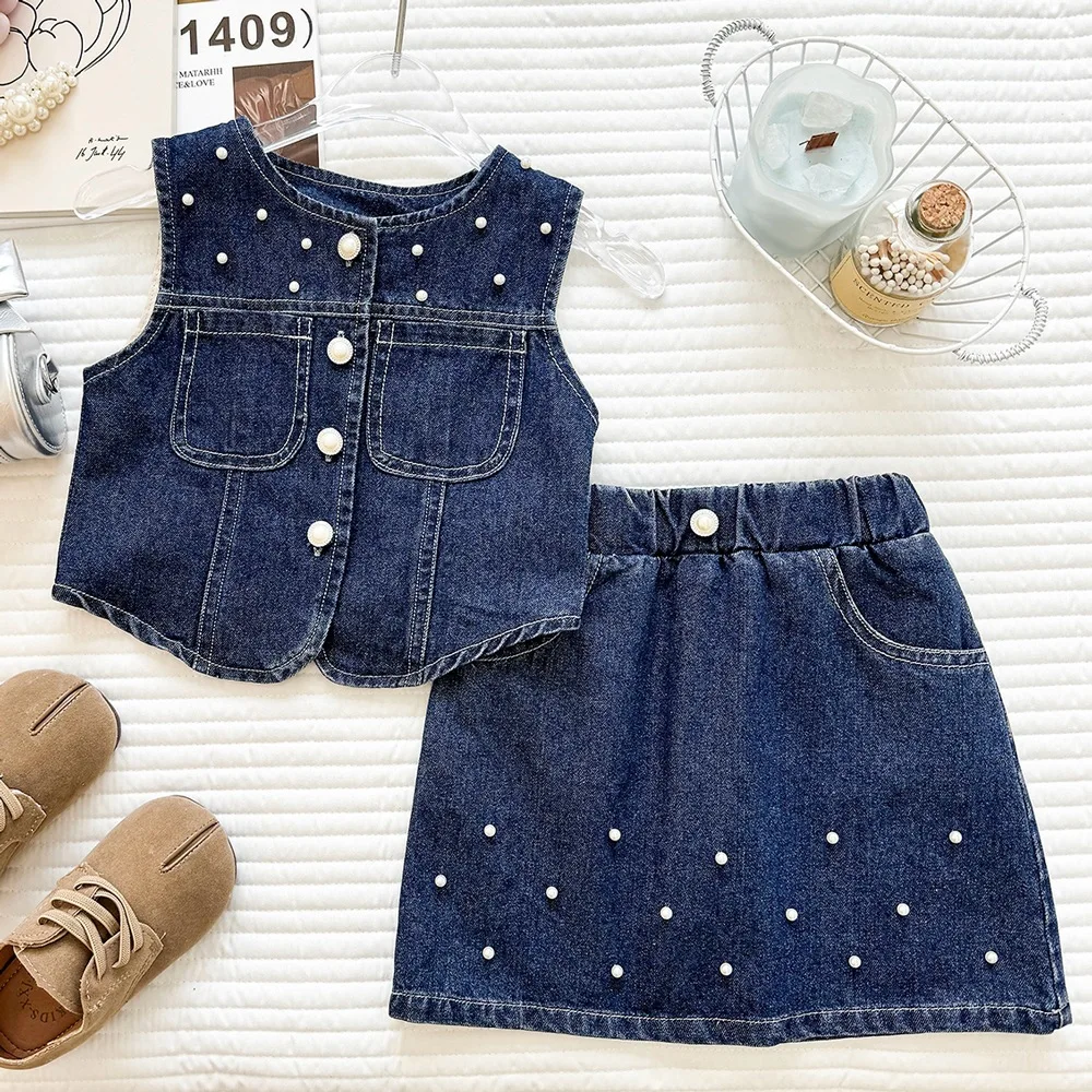 Cowboy suit 2026 summer new children's nail bead denim vest top half skirt two-piece set for girls thin