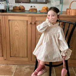 2024 Autumn New in Kids Baby Girls Pastoral Style Clothing - Children Full Sleeve Ruched Floral Pleat Knee-length Dress 2-7Y