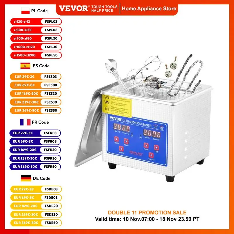 VEVOR 1.3L Ultrasonic Cleaner Machine Stainless Steel Ultrasonic Cleaning Machine Digital Heater Timer Jewelry Cleaning for Home