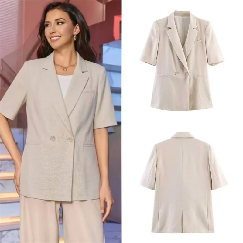 

Women's Coat 2026 Summer New Linen Short Sleeve Double-Breasted Blazer Casual Lapel European Street Style Women's Coat