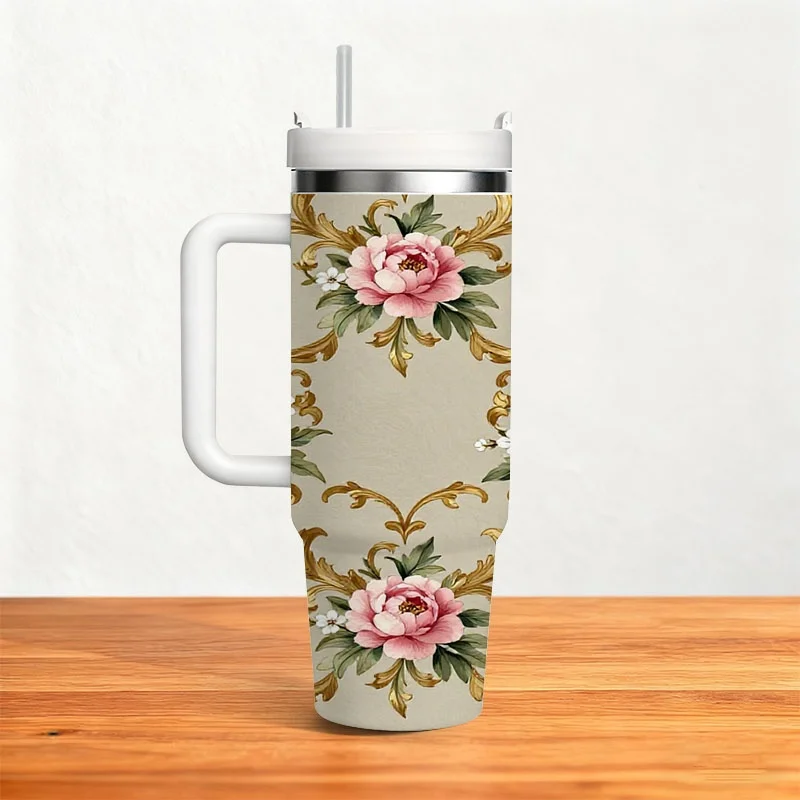 Elegant Vintage Floral Print 40Oz Stainless Steel Insulated Tumbler, Ornate Pink Peony And Golden Scrollwork Pattern, Digitally Printed Drink Cup for Keeping Beverages Cold And Hot, Ideal for Daily Use, Office, Travel And Outdoor Activities