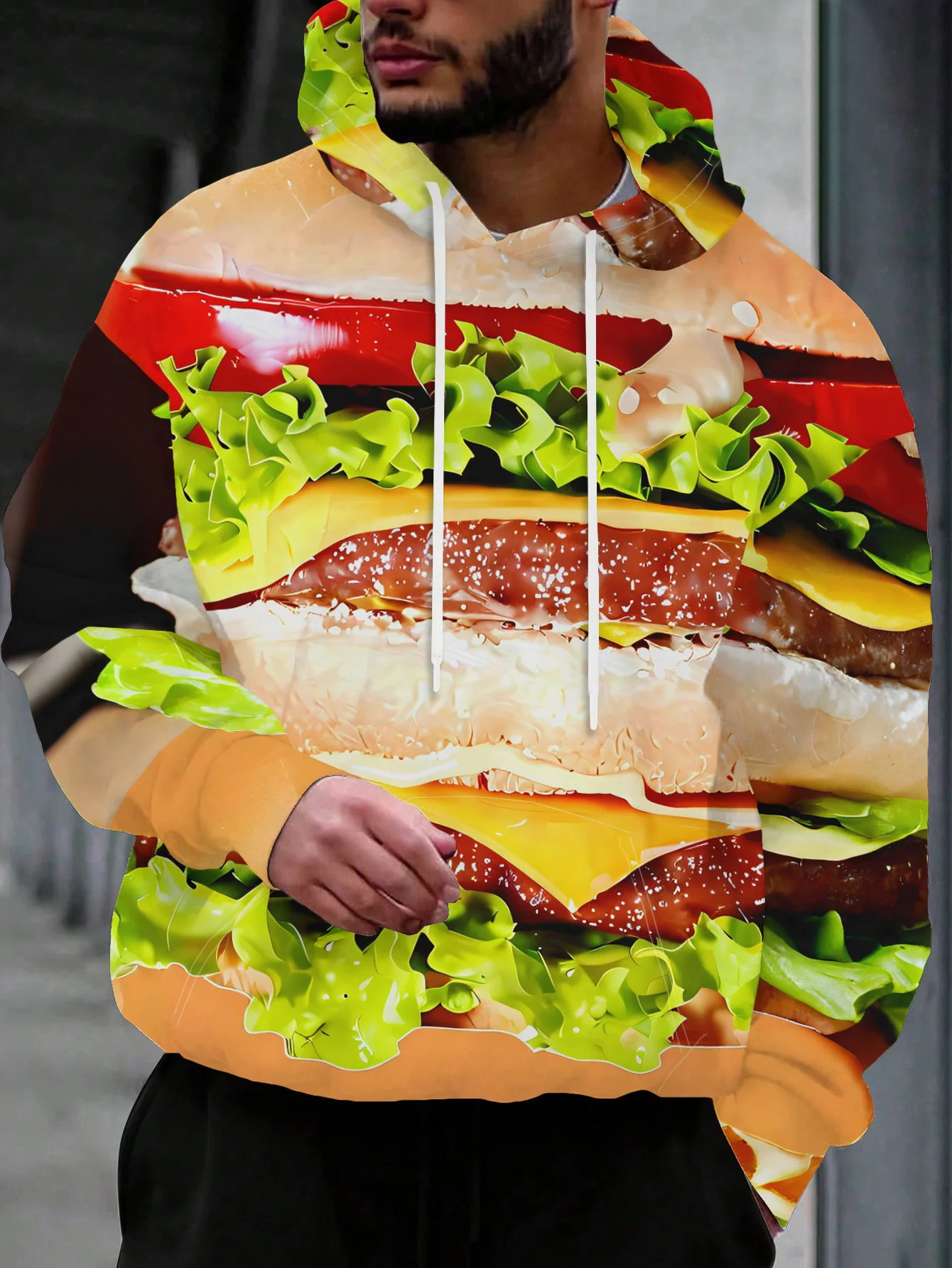 Men Giant Beef Cheese Burger 3D All Over Print Hoodie Food Graphic Casual Long Sleeve Hooded Sweatshirt