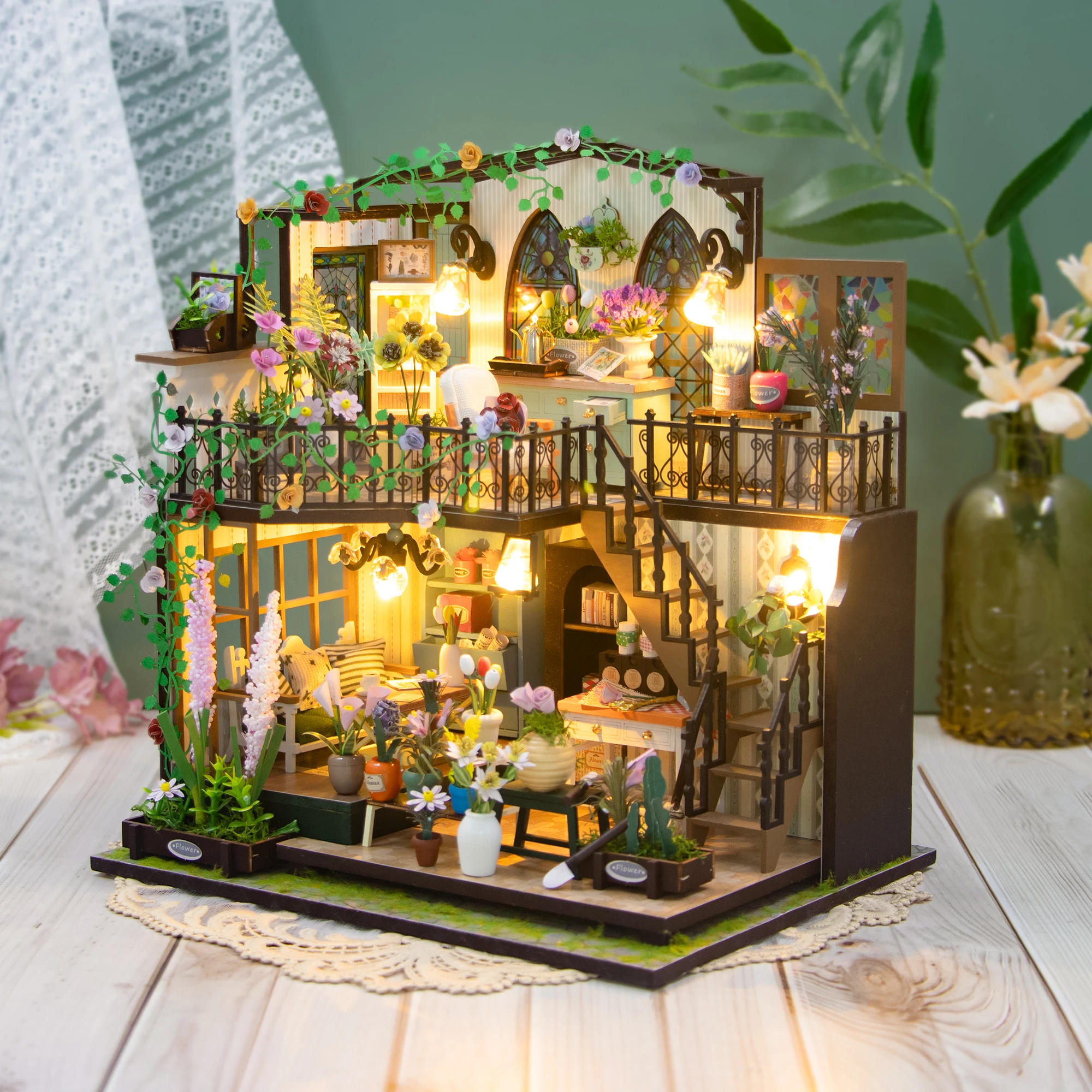 Nieuwe Diy Houten Miniatuur Model Kit Darcy Flower House Casa 3d Puzzel Poppenhuis Met Meubels Interieur Voor Vrienden Geschenken