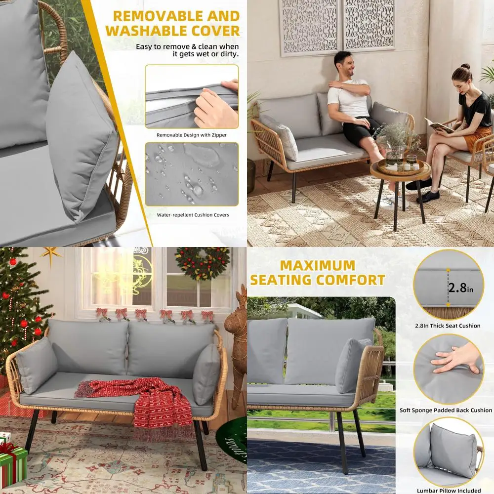 Sofá de dos plazas de mimbre para exteriores para todo tipo de clima con cojines y almohadas lumbares para patio, patio trasero y relajación en el jardín