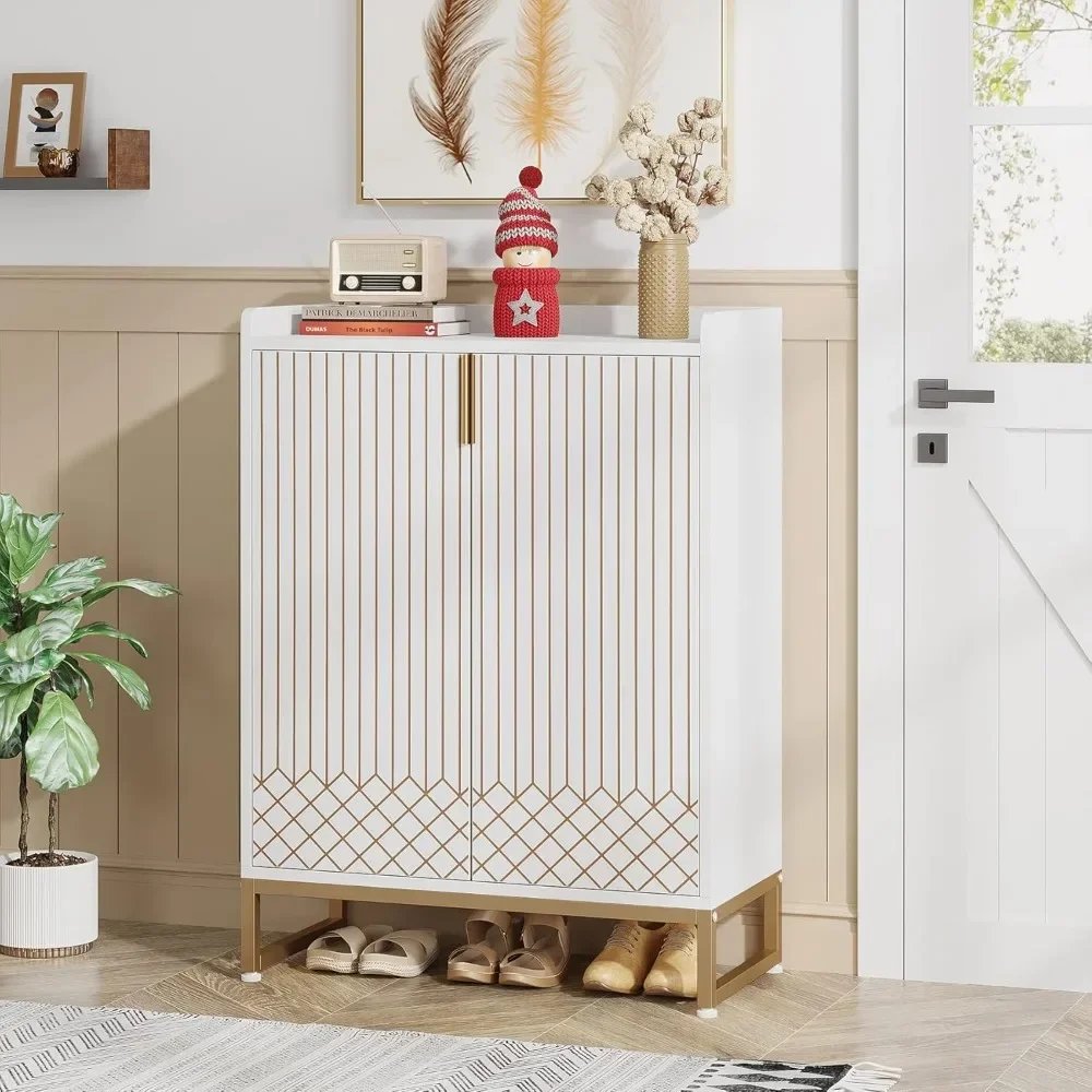 Armoire à chaussures blanche avec portes, armoire à chaussures moderne T1 à 5 niveaux, armoire de rangement en bois autoportante, 25 paires