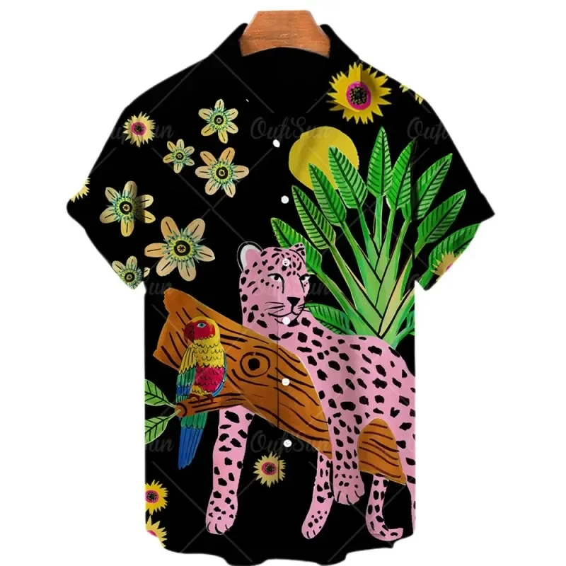 Camiseta casual vintage com estampa animal havaiana masculina, estampa 3D, tigre leopardo, camisa de manga curta, festa, tops de Harajuku