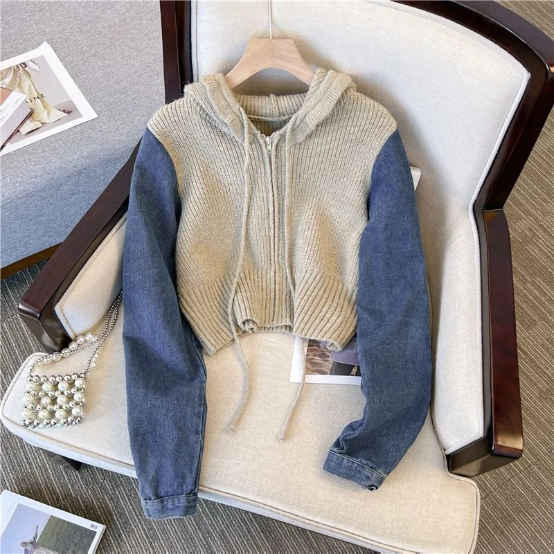 

Дизайнерский джинсовый вязаный кардиган с длинными рукавами в стиле пэчворк для женщин, миниатюрный топ с капюшоном