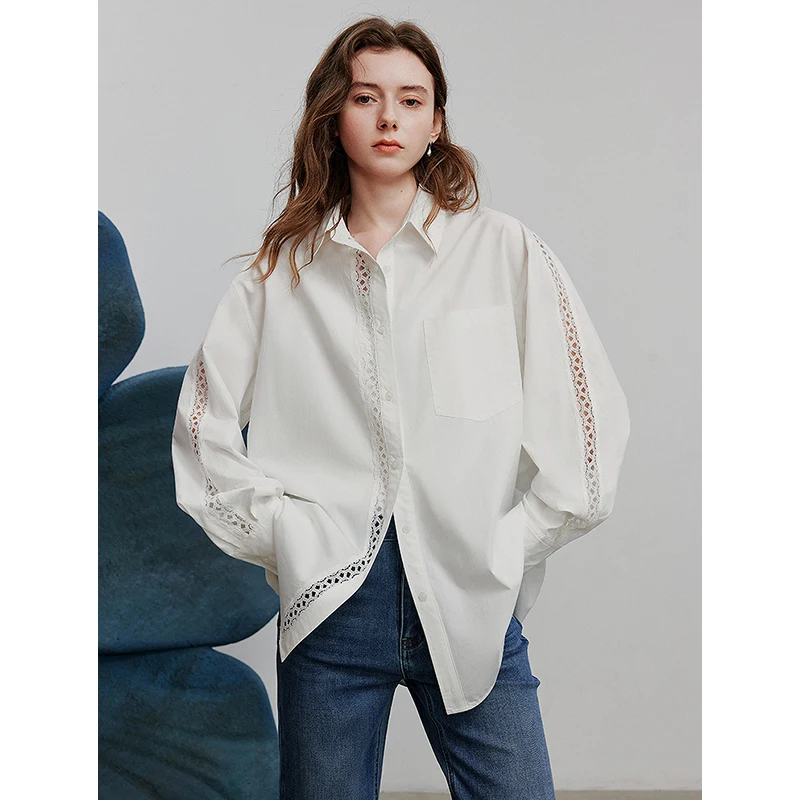 TOYOUTH Women Blouse Shirt 2025 Spring New Lyocell Cotton Hollow Lace White Shirt