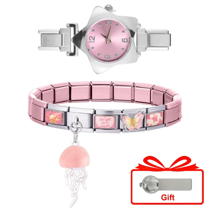 High Quality Fashion DIY 9MM Width Moon Heart Bow Pendant Charm Colorful Elastic Watch Bracelet Set Handmade For Birthday Gifts