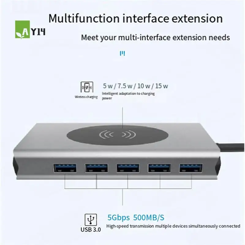 

AY14 -13-In-1 Type C Docking Station Adapter 15W Wireless Charger USB3.0Hub Hub PD100W Expander RJ45 Gigabit Network Card Easy T