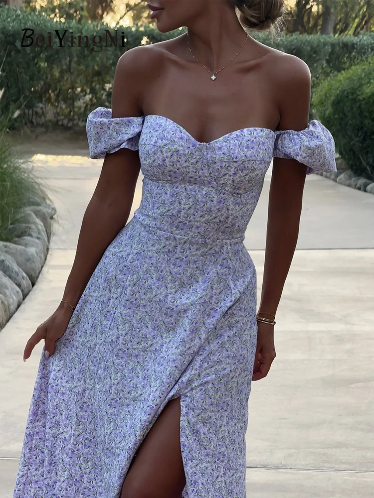 

Beiyingni Long Maxi Dresses for Women Floral Printed Summer Fashion Off Shoulder Slash Neck Split Dress Sexy Back Bandage Party