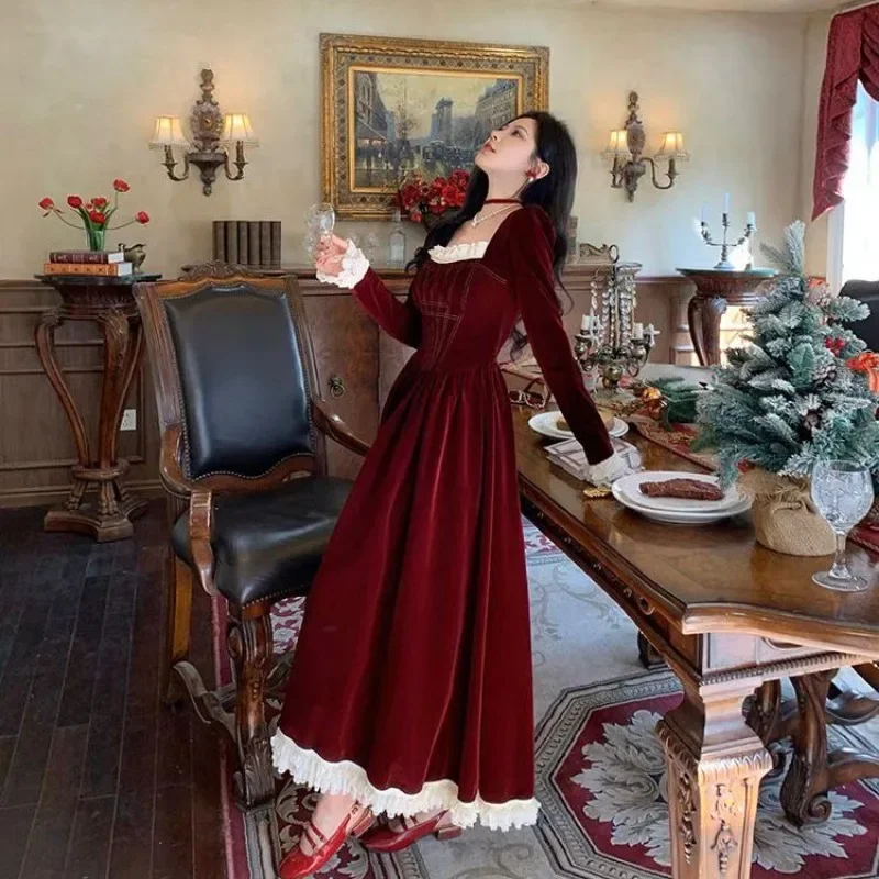 2025New Vintage Women Autumn Winter Lace Patchwork Dresses Retro French Style Female Ankle-length Temper A-line Dress Streetwear