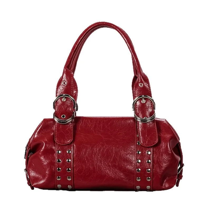 

2025 Brand Design Vintage Rivet Larfe Capacity Leather Pillow Handbags Fashion Elegant Travel Armpit Bag Women Casual Tote Bag