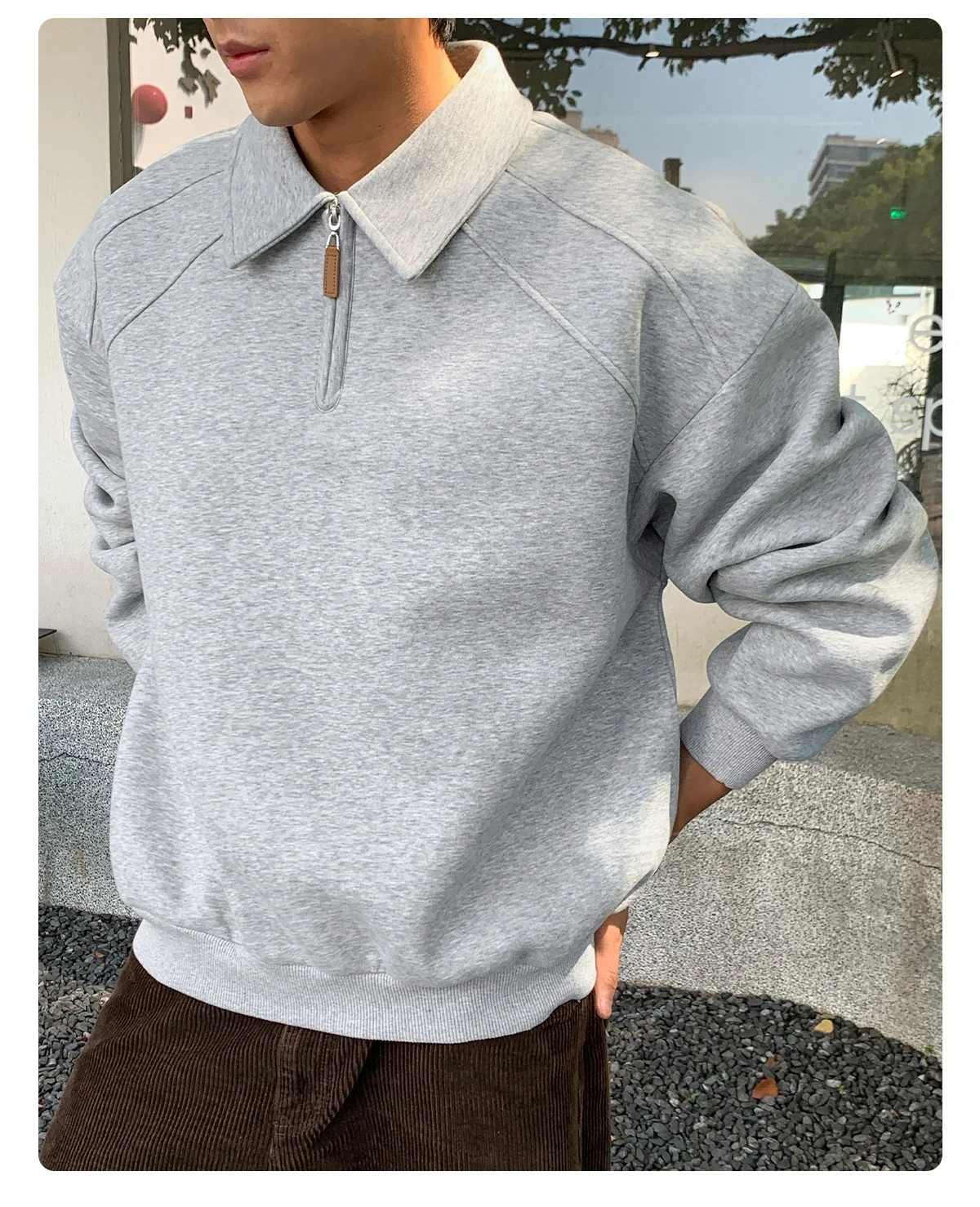TFETTERS Eu Size 2026 Men Half Zip Collared Sweatshirt Autumn Heather Gray Pullover Loose Fit Casual Daily Long Sleeve Sweat Top