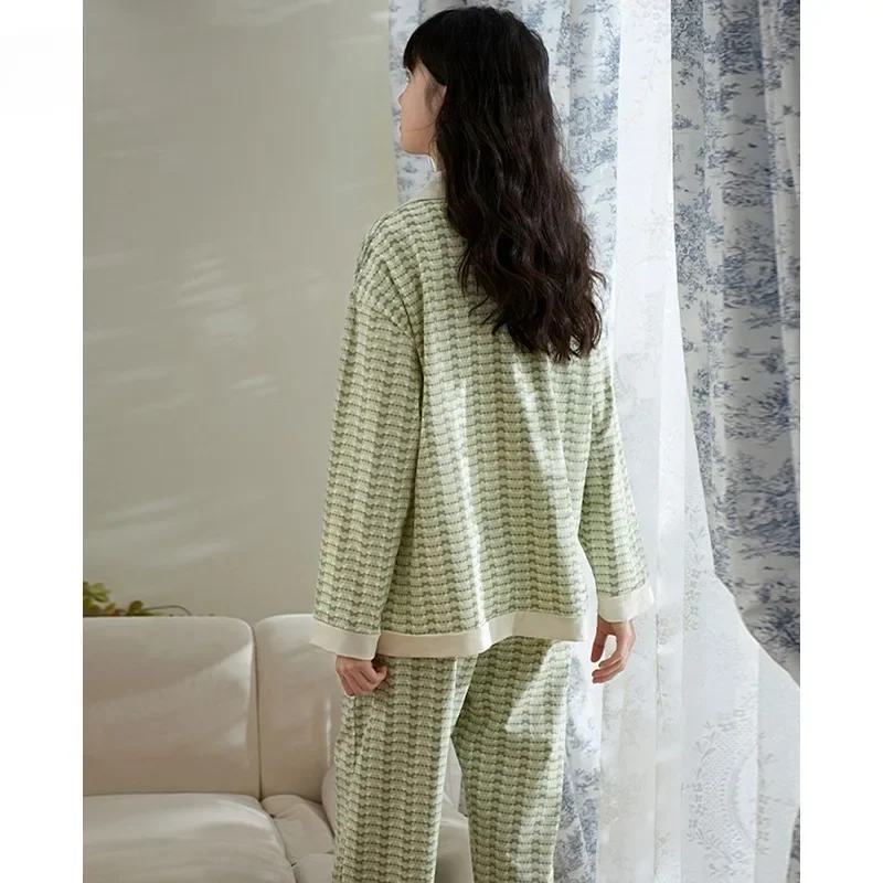 Women's Pajamas Suit Long-sleeved Long Pants Spring and Fall New Korean Fashion Elegant Green Single-breasted Sleepwear Homewear