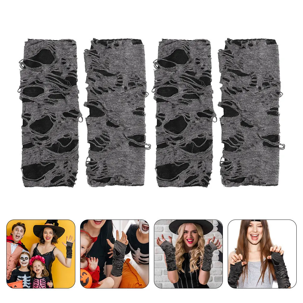 

2Pairs Gothic Fingerless Gloves Ragged Design Halloween Supplies Cosplay Party Accessory Men Women Elastic Polyester