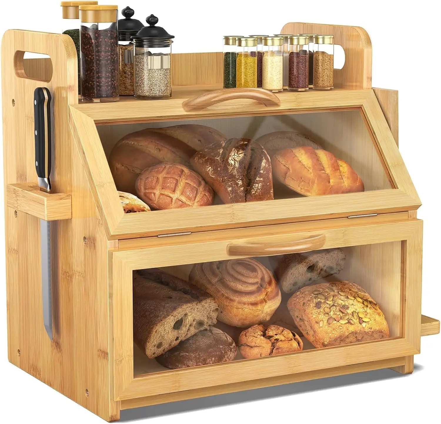 

Extra Large Bread Box, Double Layer Bamboo Bread Storage with Tool Holder & Window, Keeps Bread Fresh for Days, Assembly