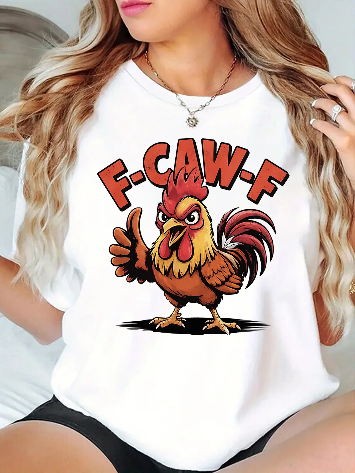 Funny F Caw F Rooster Cartoon Graphic Womens T Shirt Short Sleeve Crew Neck Humorous Casual Daily Ladies Relaxed Fit Tee Tops