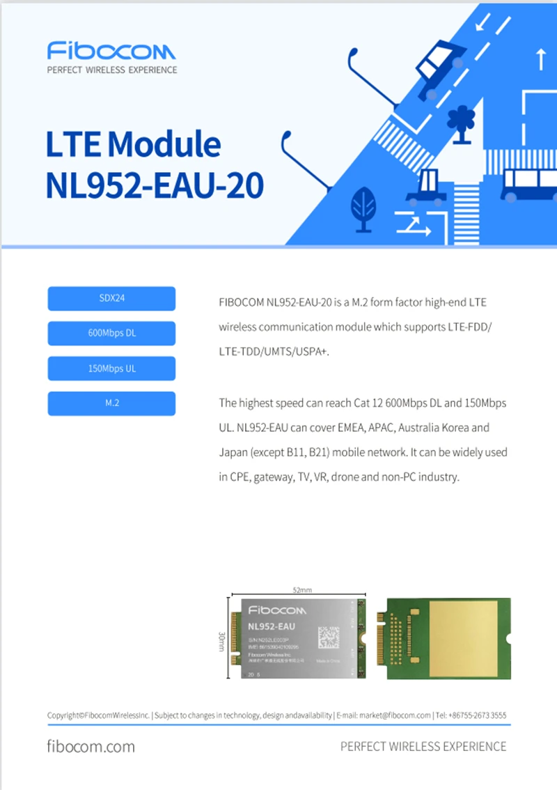 Фиброком NL952-EAU NL952-EAU-10-01(CAT18) NL952-EAU-20-00 (CAT12 4G M.2 LTE Module B1/3/5/7/8/18/19/20/28/32 GPS/ГЛОНАСС/Galileo