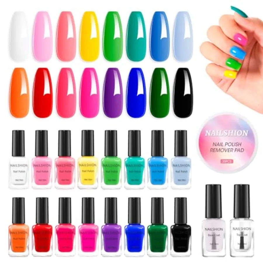 

Nail Polish 10ml 16 Colors Rainbow Air Dry Regular Nail Polish Set with Base Top Coat and Remover Pads White Red Classic French