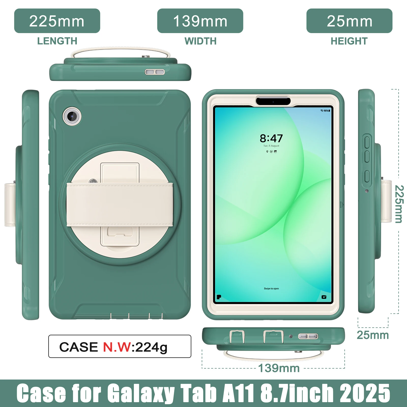 Heavy Duty Protective Case for Samsung Galaxy Tab A11 8.7 inch SM-X130 SM-X135 2025 Stand Cover with 360° Rotating Hand Strap