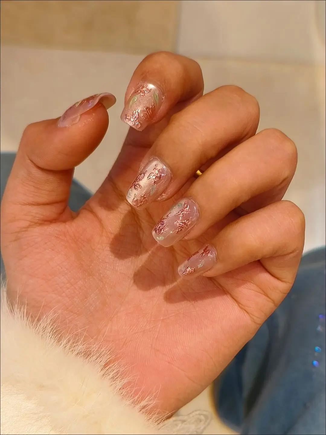 10pcs Elegant Short Square False Nails Pink Press-On Nails With Beautiful Flower Pattern And French Tips For Women&Girls Wear
