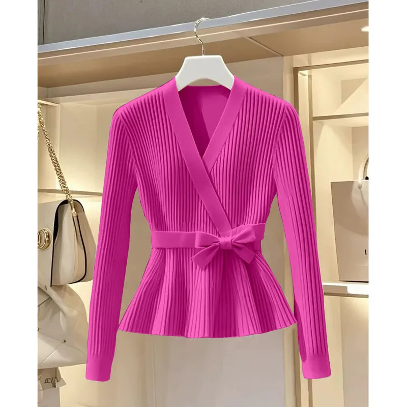 القوس محبوك سترة البلوز المرأة 2025 الخريف الشتاء مزاجه جديد الخامس الرقبة طويلة الأكمام تريكو معطف البلوز الإناث القمم W748 #2