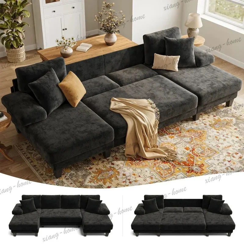 FG High Quality 112 Inch U‑Shaped Chenille Convertible Sleeper Sofa Bed with Pull Out Design for Living Room