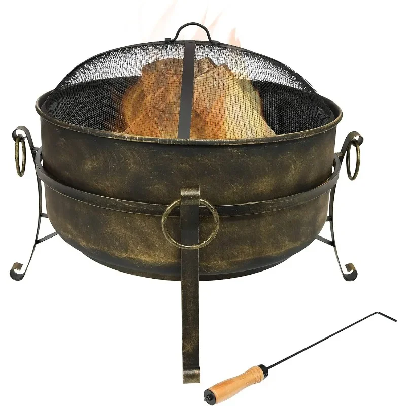 

Sunnydaze 24-Inch Cauldron Style Outdoor Fire Pit Bowl with Spark Screen, Log Poker, and Wood Grate - Dark Bronze Finish