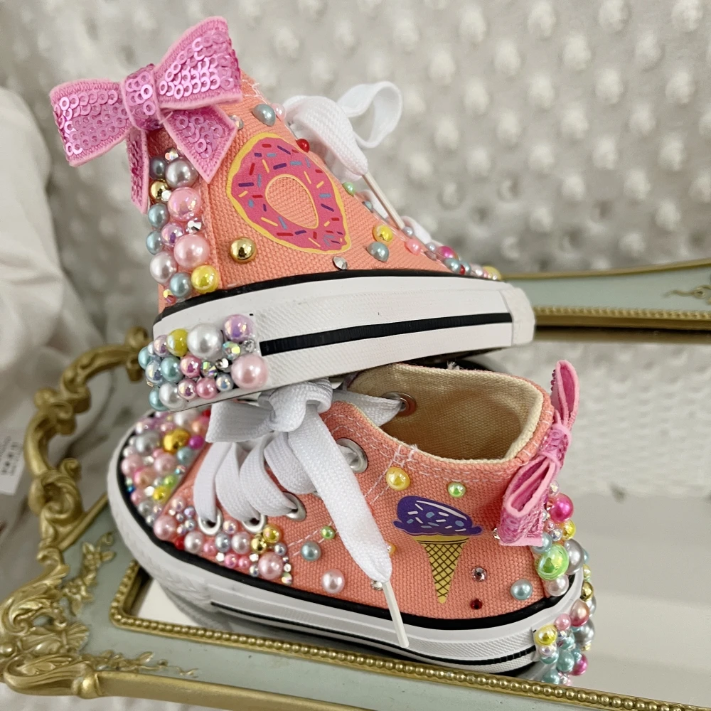 Chaussures Bling en Toile avec Nom et Photo pour Fille, Baskets Bling Faites à la Main avec Perles Arc-en-Ciel, Design Personnalisé pour ixd'Anniversaire