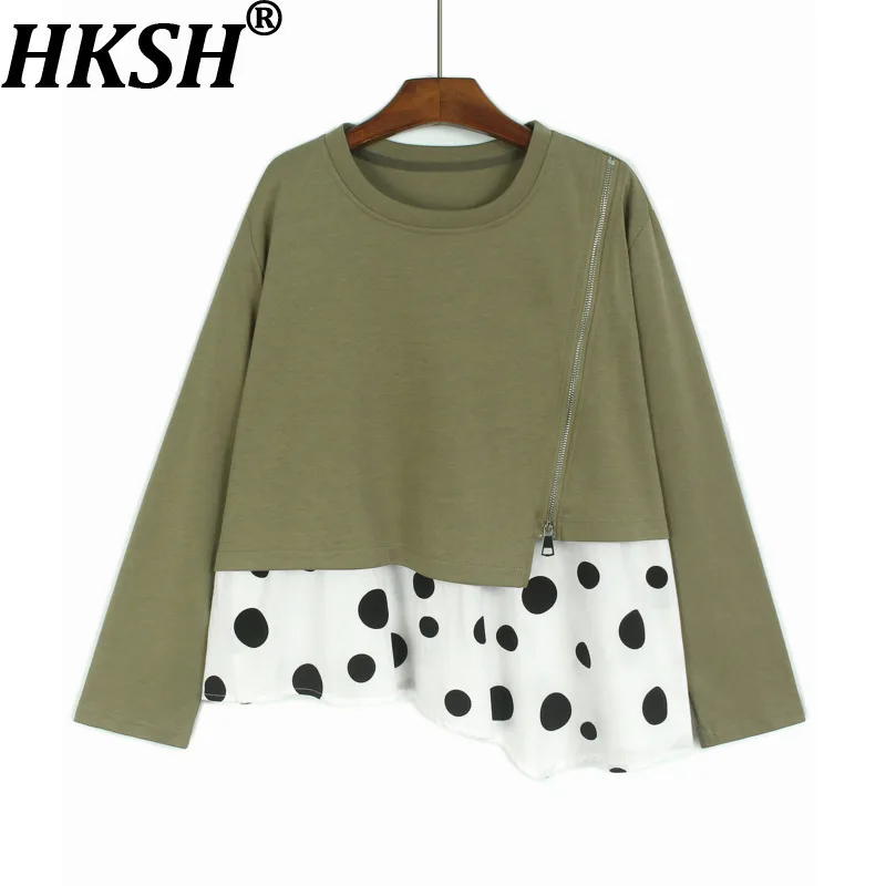 

HKSH осенняя новая женская футболка с круглым вырезом и длинным рукавом на молнии, украшение в горошек, лоскутное шитье контрастного цвета, элегантный повседневный топ HK11022