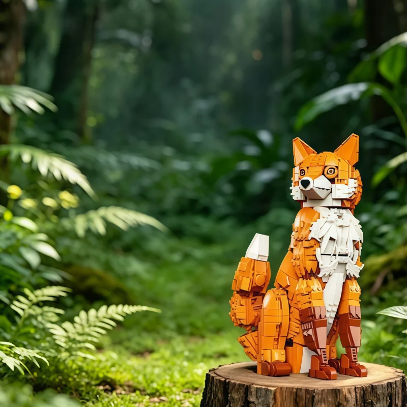 Forest Fox Building Block Set, Featuring a Movable Fox Figure Paired with Plant and Flower Building Blocks, a Decorative Home or
