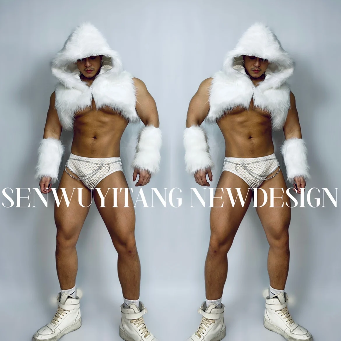 

Men White Feather Sleeve Set Dancer Sexy Stage Wear Nightclub Party Show Gogo Pole Dance Costume Muscle Mesh Perspective Outfits