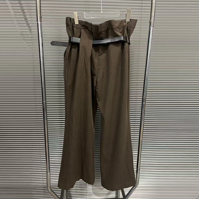 KBQ Solid Casual Minimalist Spliced Belts Pants for Women High Wasit Patchwork Pockets Loose Trousser Female Fashion Style New