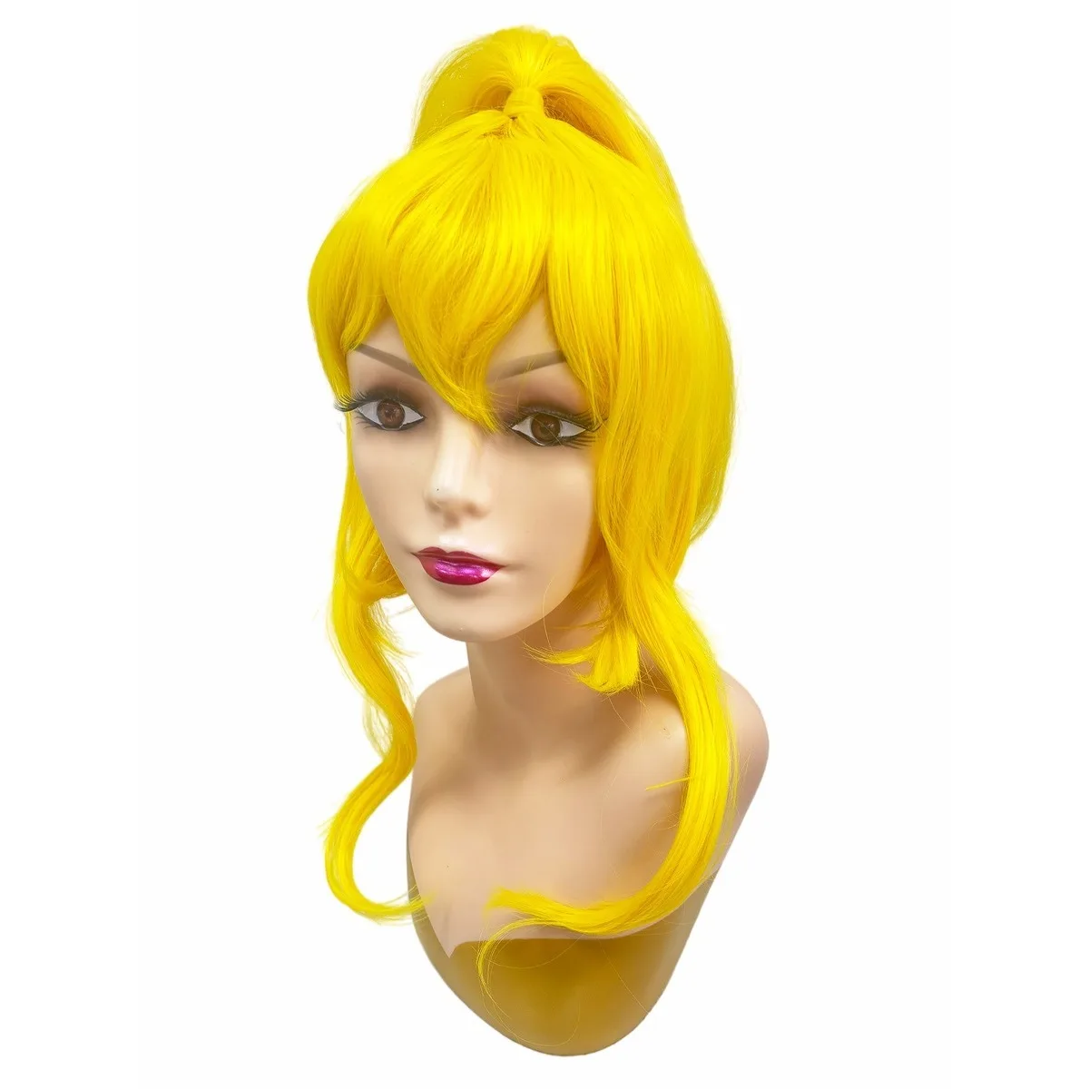 Bright Yellow High Ponytail Bob Synthetic Wig Bangs Anime Girl Halloween Convention Game Cosplay Cute Party Costume Hairpiece
